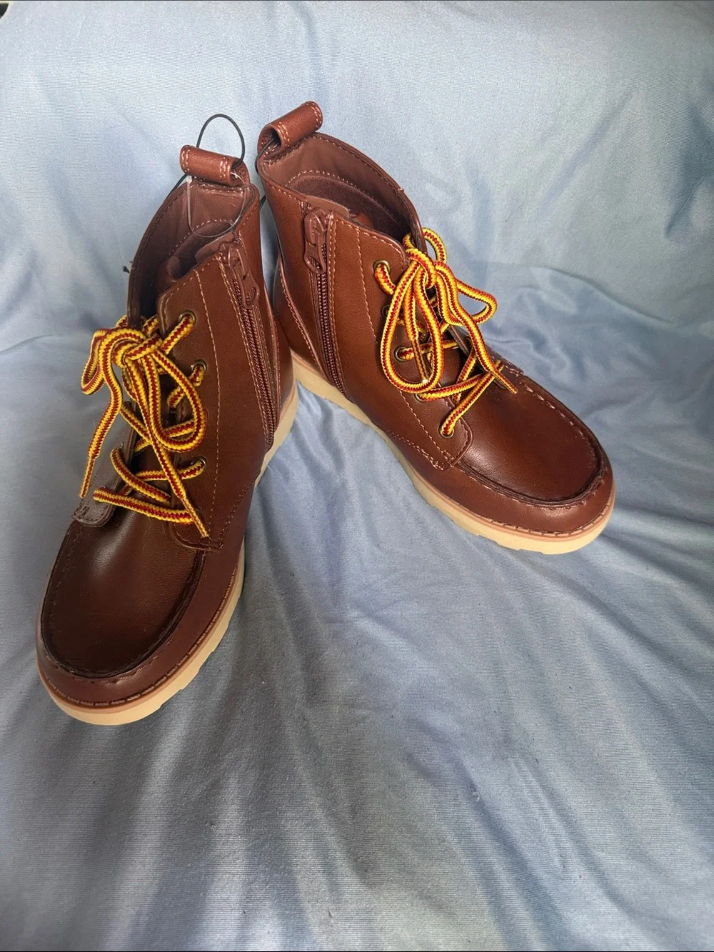 Cat and Jack Brown Leather Lace-Up Boots with Yellow-Red Laces and